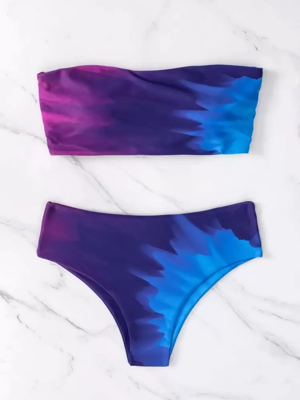 Strapless Ombre Bandeau Bikini Set - Purple Blue Pink